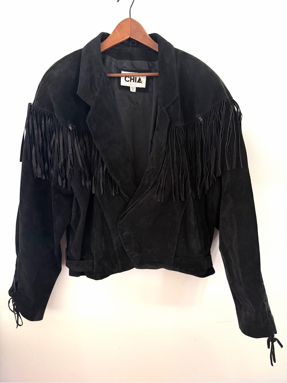Chia Suede Leather Fringe Jacket 80's Black Cropped w/ Silver Concho XL